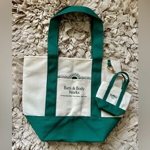 Bath & Body Works Vintage Logo Teal and Cream Tote Duo